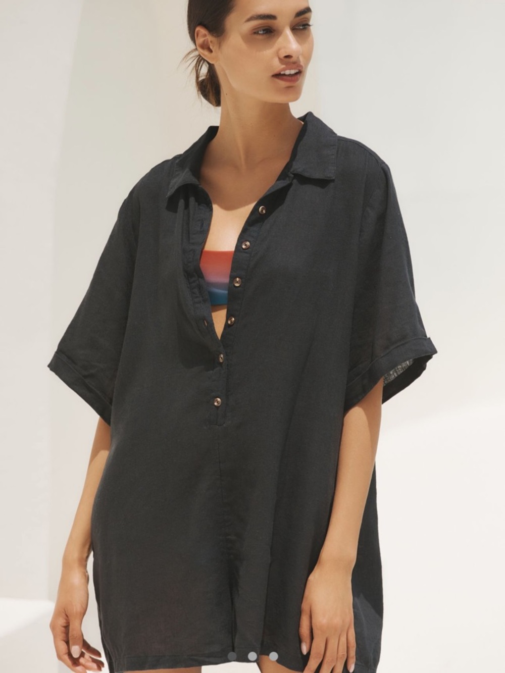 Anthropologie Short-Sleeve Collared Linen Romper in black